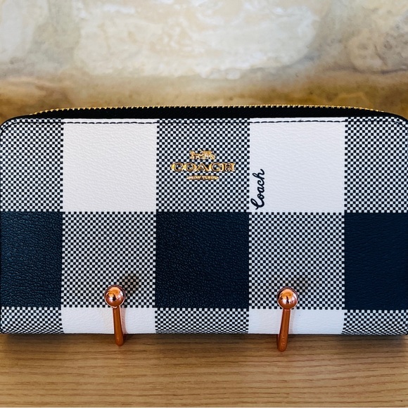 Coach Accordion Buffalo Plaid Zip Accordion Wallet NWT Navy/ white - Picture 2 of 8